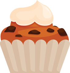 Chocolate chip muffin topped with a swirl of cream cheese frosting sitting in a paper cup