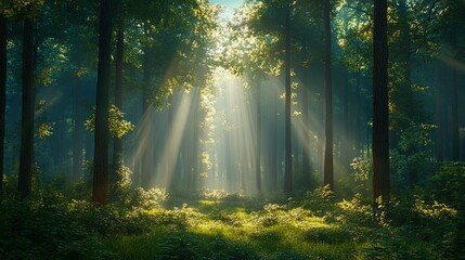 Obraz premium Sunbeams Piercing Through a Misty Forest