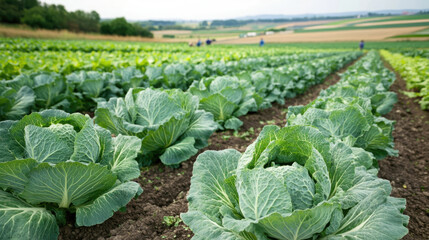 A field of green vegetables including cabbage. The field is full of people working in the field © Hound