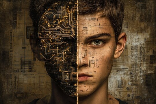 Biomechatronics brainwave mapping neurocircuitry thought transference and neural latency mans face divided into human and robotic halves with exposed ai circuitry