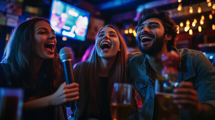 Friends bonding over drinks and karaoke in a lively pub, enjoying music and laughter in a vibrant bar setting