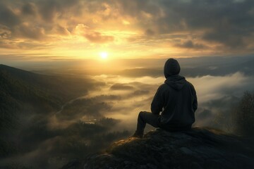 man in a hoodie sits on a mountain top looking on sunset