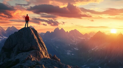 hiker standing on the edge of mointain looking at sunset