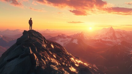 hiker standing on the edge of mointain looking at sunset