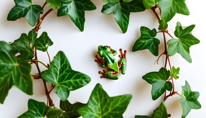 Whimsical Leap Day Celebration with Playful Toy Frogs Amidst Lush Ivy Leaves on a Bright White Canvas