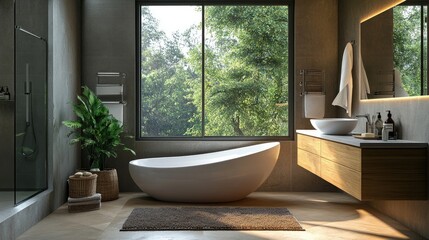 Fototapeta premium A modern bathroom with a freestanding bathtub and a sleek vanity, featuring a large window with natural light