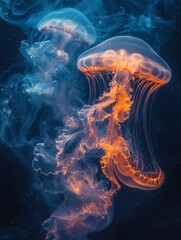 Obraz premium A Single Orange Jellyfish with Flowing Tentacles in a Dark, Deep Ocean