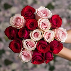 Top view of hand holding roses bouquet with copy space