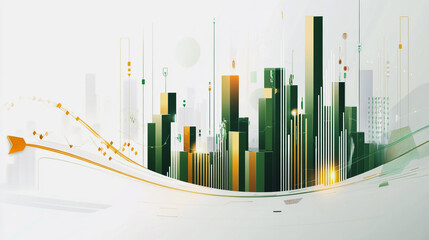 Obraz premium Abstract business team work stands on the peak of success amid tall, innovative Smart city and graphs with statistics to analyze business potential and predict future developments in company growth.