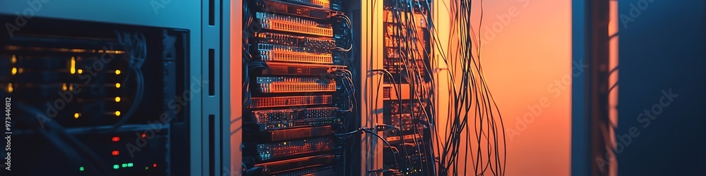 Poster close up of server racks in a data center with colorful lights, wires, and a glowing orange wall in 