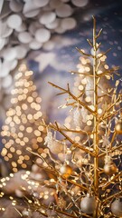 Naklejka premium Gold Festive Christmas background. Elegant abstract background with bokeh defocused lights and stars