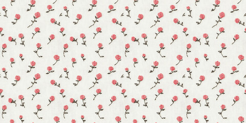 seamless minimalistic embroidery pattern of small pink rose motifs, on a plain white linen