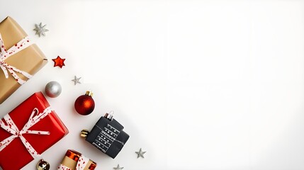 Fototapeta na wymiar Christmas Gift Boxes & Decorations White Background
