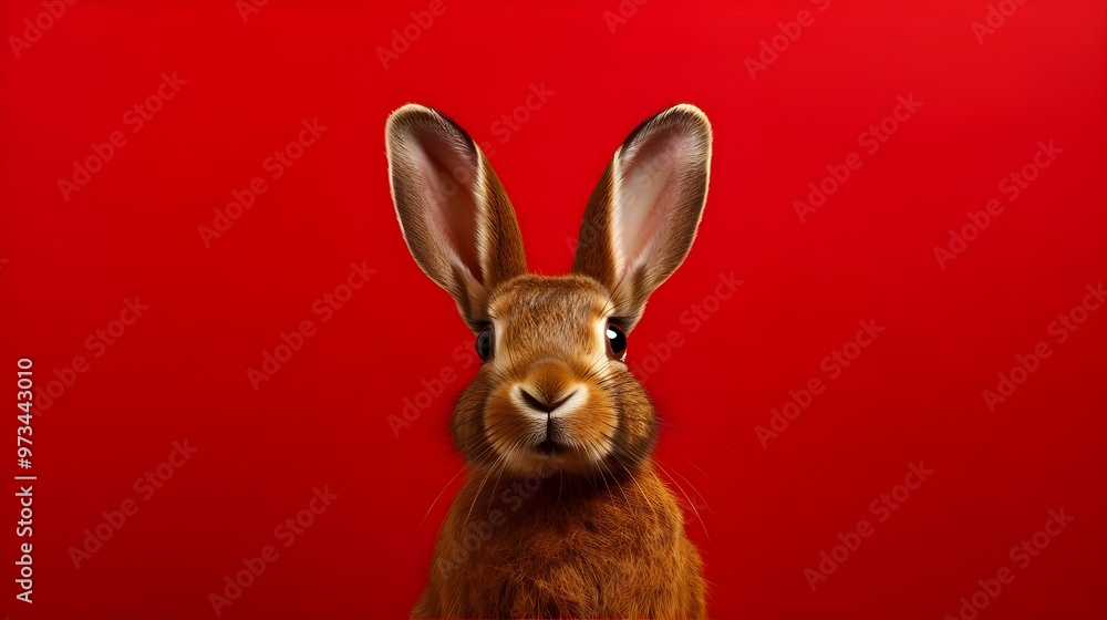 Wall mural brown rabbit on a red background.