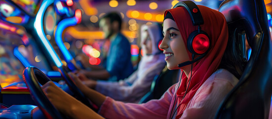 Obraz premium A focused gamer wearing a headset plays in an arcade, immersed in a competitive driving simulation, surrounded by neon lights and other players.