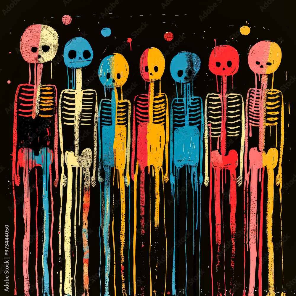 Poster a group of colorful skeletons are painted on a black background