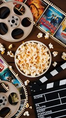 Top view of film reels, popcorn and movie clapper on wooden table, Movie time concept