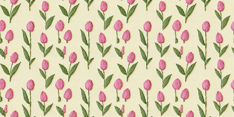 seamless minimalistic embroidery pattern of soft pink tulips, each with three pink petals and a few leaves, on a plain light yellow fabric