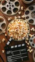 Top view of film reels, popcorn and movie clapper on wooden table, Movie time concept