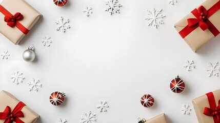 Fototapeta na wymiar Festive Christmas Background with Gifts, Ornaments, and Snowflakes