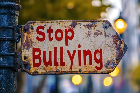 Anti bullying action: text stop bullying, call to end harmful behavior, promote kindness and respect, importance of standing up against intimidation and fostering a safe, supportive environment