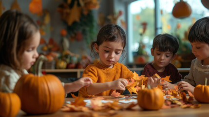 Fototapeta premium Girl crafting with leaves and pumpkins during an autumn activity, cozy and creative fall scene perfect for family-friendly fun