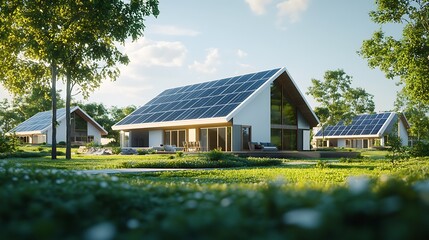 Obraz premium Modern sustainable house with solar panels on roof, green lawn and trees, eco friendly home concept