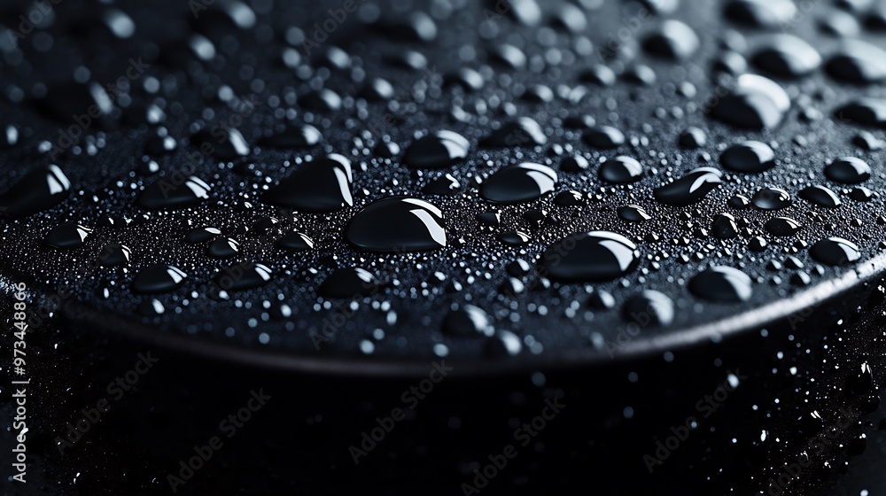 Poster close up macro of water droplets on a dark smooth surface