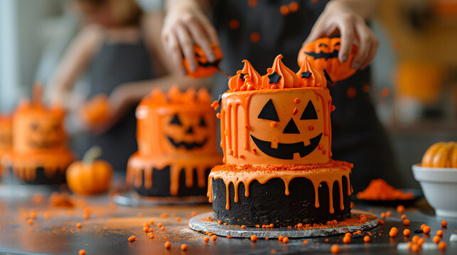 Halloween Cake Decorating Class, kids and parents decorating Halloween-themed cakes at a local bakery, Halloween, with copy space