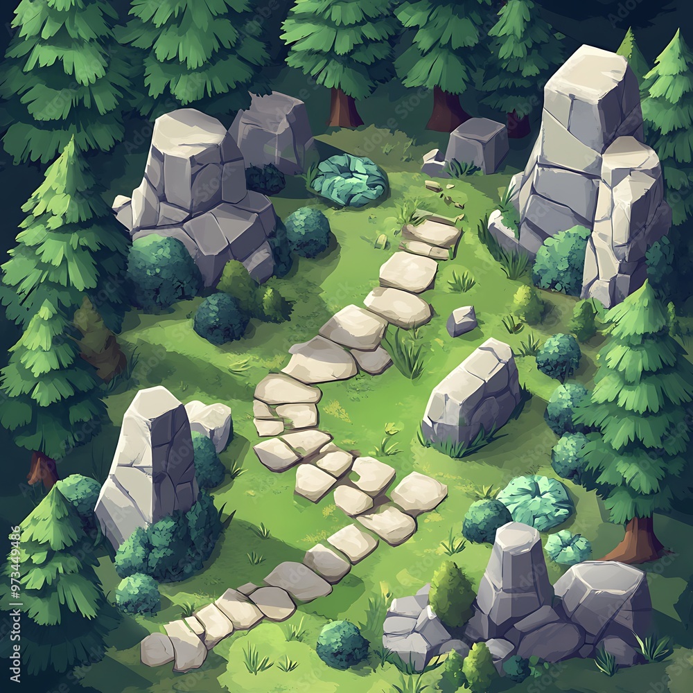 Poster top down view of a stone path winding through a green forest with rocks and trees.