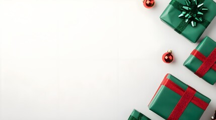 Green Gift Boxes with Red Ribbon and Ornaments on White Background