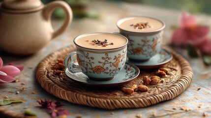 Fototapeta premium elegant masala chai tea set with dainty cups and teapot, highlighting the charm of traditional indian tea culture for a concept banner