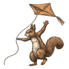 Squirrel Enthusiastically Flying a Brown Kite