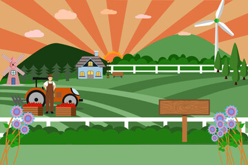 Agricultural people, rural land, produce products from farming. On a rural landscape background. Farm life. Vector illustration.