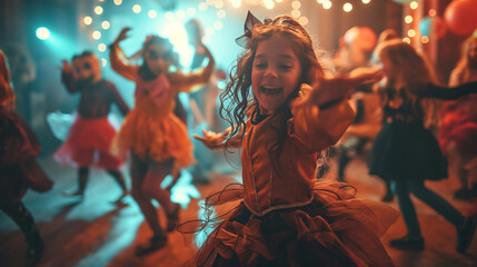 Costume Dance Party, a lively dance floor where kids and adults are in fun and spooky costumes, Halloween, with copy space