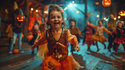 Obraz premium Costume Dance Party, a lively dance floor where kids and adults are in fun and spooky costumes, Halloween, with copy space