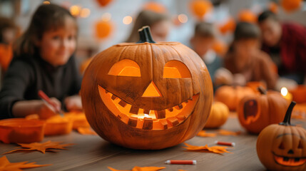 Halloween Arts and Crafts Fair, kids and parents creating Halloween-themed crafts at decorated tables in a community center, Halloween, with copy space