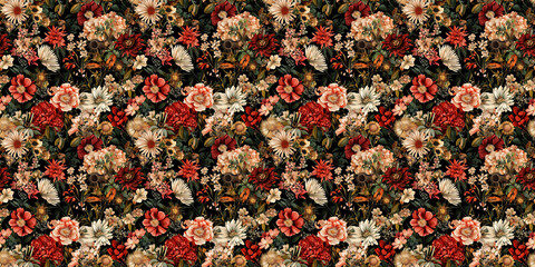 floral pattern on a black background, featuring intricate, elegant arrangements