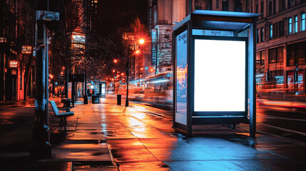 Parada de bus con cartel publicitario vacío en ciudad iluminada de noche