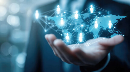 A man is holding a hand up to show a globe with people on it. The globe is blue and the people are in different positions. Concept of a global community and the importance of working together