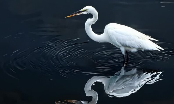 Elegant egret with reflection in still water, Video