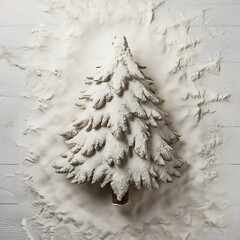 Christmas tree on flour background. White flour looks like snow. Top view