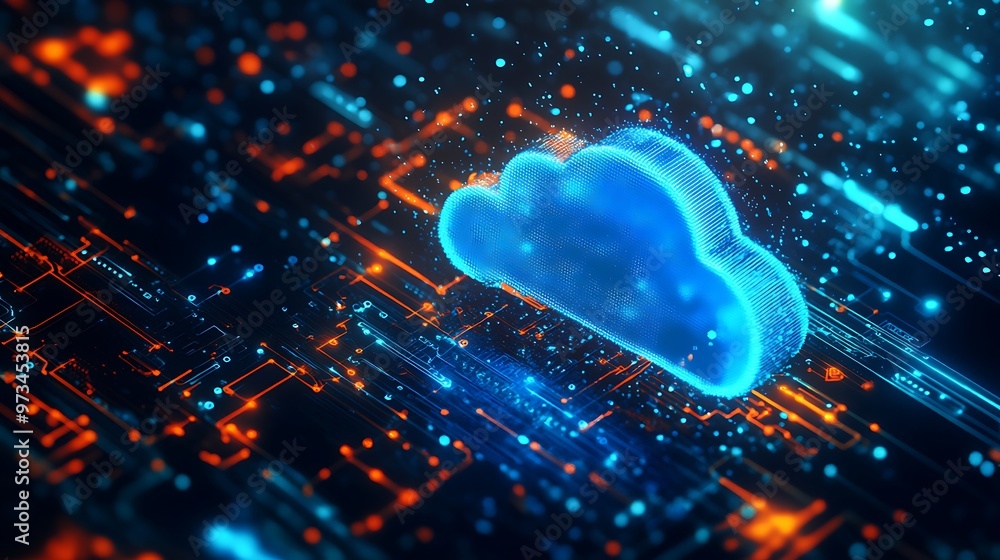 Poster abstract cloud computing concept with glowing blue cloud on a futuristic circuit board background