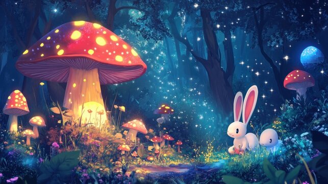 A cheerful cartoon bunny playing hide and seek with friends in a magical forest, with large mushrooms and sparkling trees