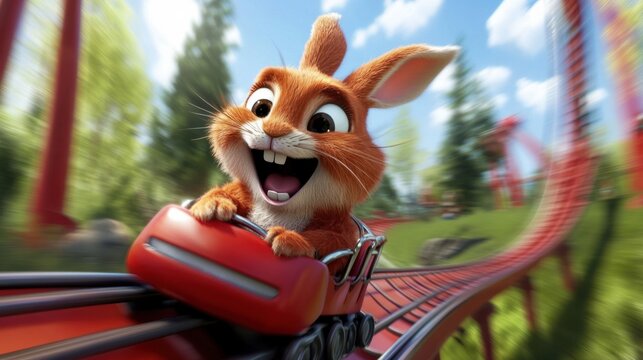 A cheerful cartoon rabbit riding a rollercoaster, with wide eyes and a big grin, holding onto the safety bar