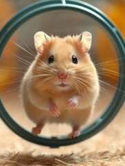 A Hamster Peeking Through a Green Exercise Wheel