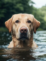A Golden Retriever Dog's Head Emerges from Water, Looking Directly at the Camera