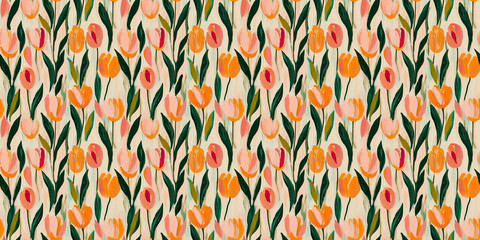 an abstract painting pattern of tulips in shades of soft pink, soft orange, and soft green on an ivory background