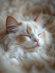 A Close-Up of a White and Tan Cat Sleeping in a Fuzzy Blanket