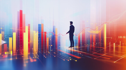 Abstract business man stands on the peak of success amid tall, innovative Smart city and graphs with statistics to analyze business potential and predict future developments in company growth.	